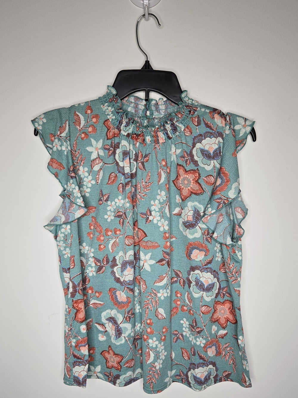 MELLODAY Teal Floral Smocked Ruffle Neck Flutter Sleeve Camisole - M - Picture 2 of 13